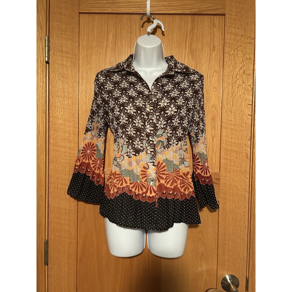 Vintage Retro Floral Colorful Pleated Bell Sleeves Shell Buttons Blouse Small